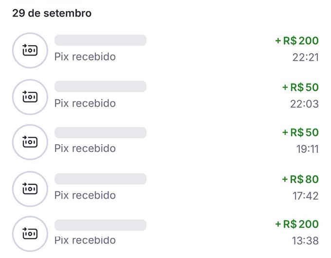 Recorte do extrato de 29 de setembro com cinco Pix recebidos, de 50 a 200 reais, nomes ocultos