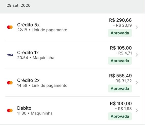 Lista de vendas de 29 de setembro de 2026 na maquininha, quatro vendas aprovadas de 100 a 555 reais